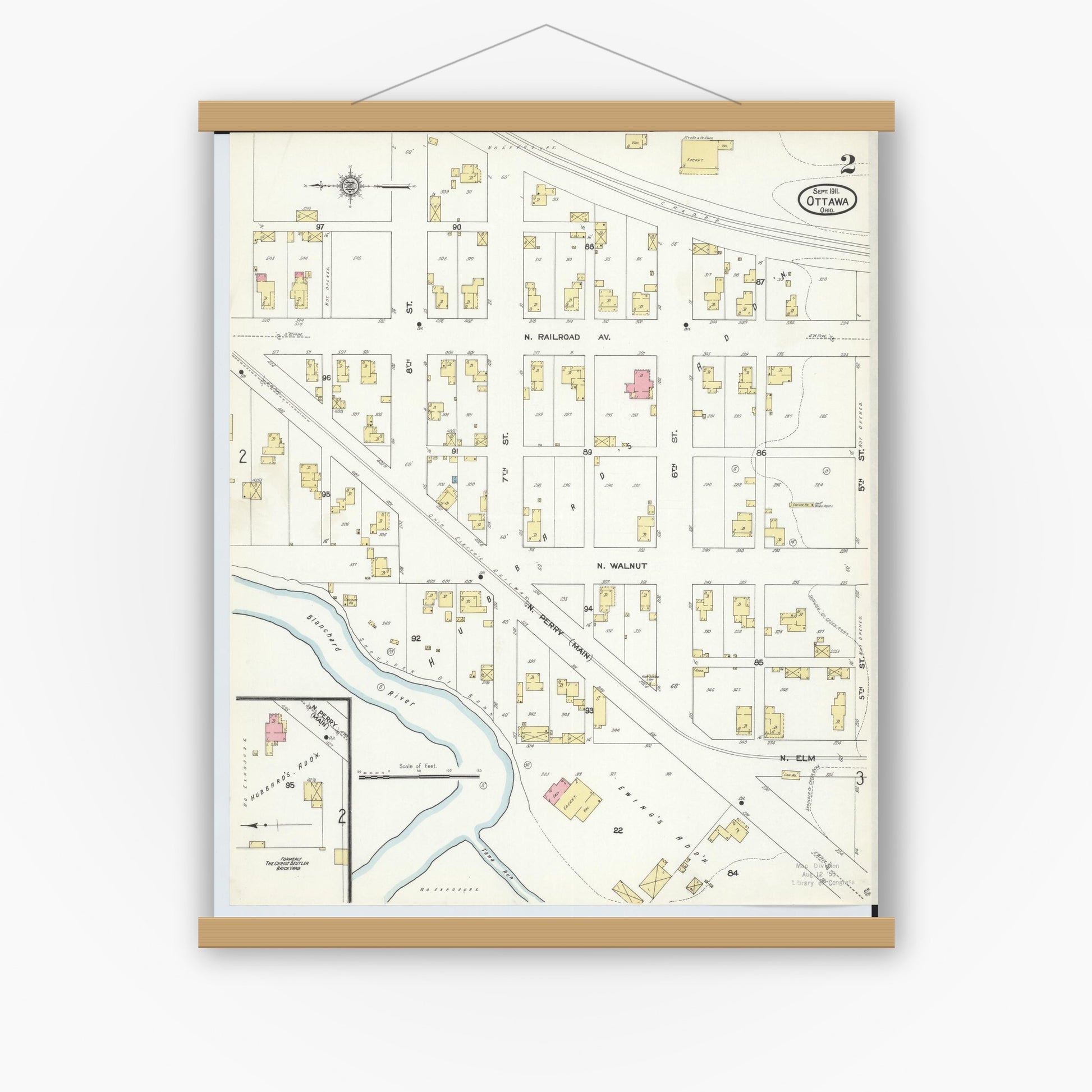 Old map wall art mockup — magnetic wood frame on white wall — Sanborn Fire Insurance Map from Ottawa, Putnam County, Ohio (1911), Sheet #0002