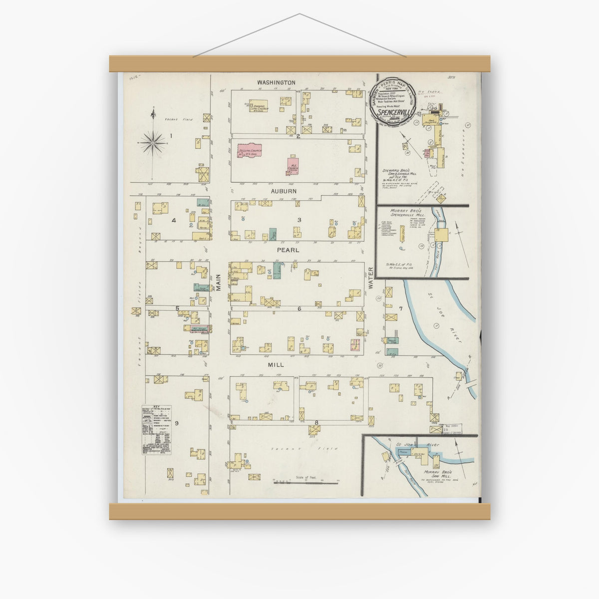 Old map wall art mockup — magnetic wood frame on white wall — Sanborn Fire Insurance Map from Spencerville, De Kalb County, Indiana (1892), Sheet #0001