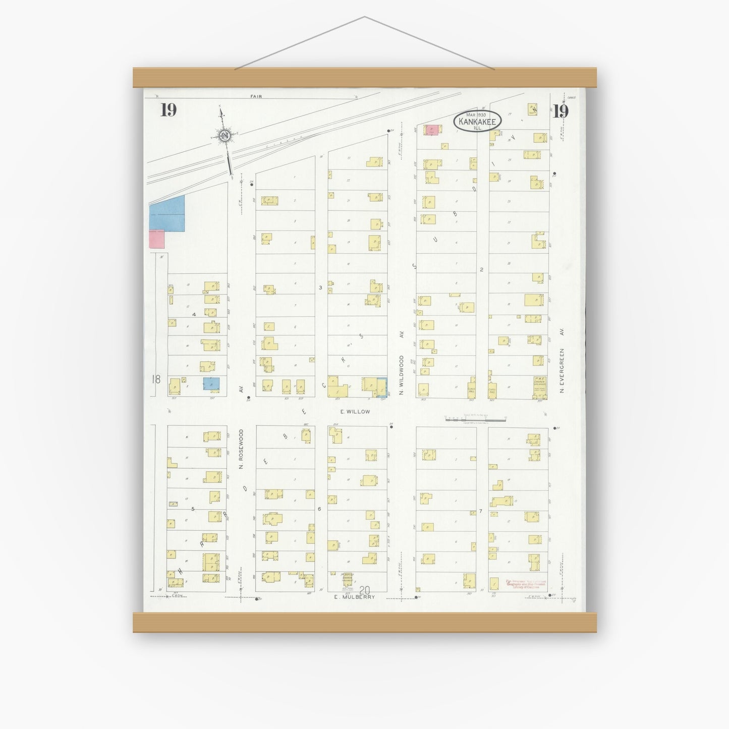 Old map wall art mockup — magnetic wood frame on white wall — Sanborn Fire Insurance Map from Kankakee, Kankakee County, Illinois (1930), Sheet #0019