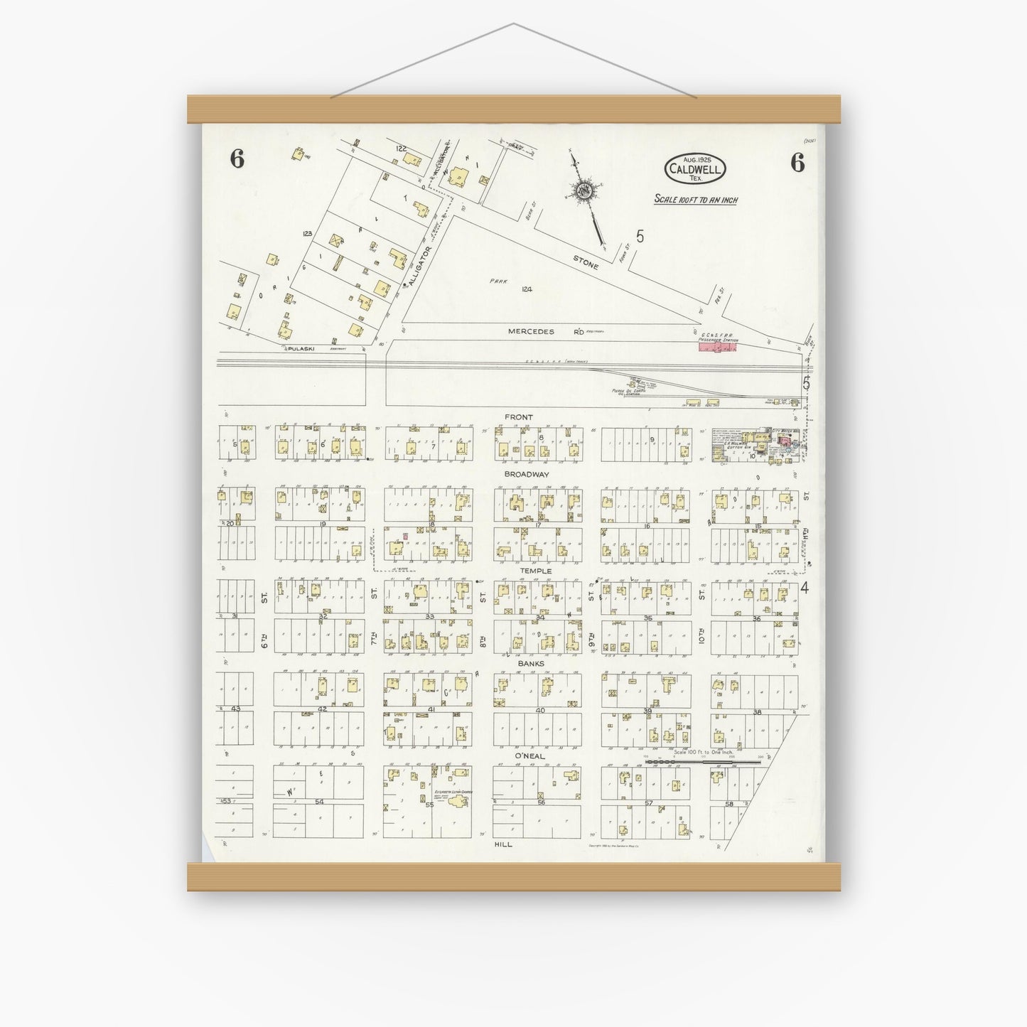 Old map wall art mockup — magnetic wood frame on white wall — Sanborn Fire Insurance Map from Caldwell, Burleson County, Texas (1925), Sheet #0006
