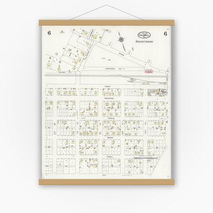 Old map wall art mockup — magnetic wood frame on white wall — Sanborn Fire Insurance Map from Caldwell, Burleson County, Texas (1925), Sheet #0006