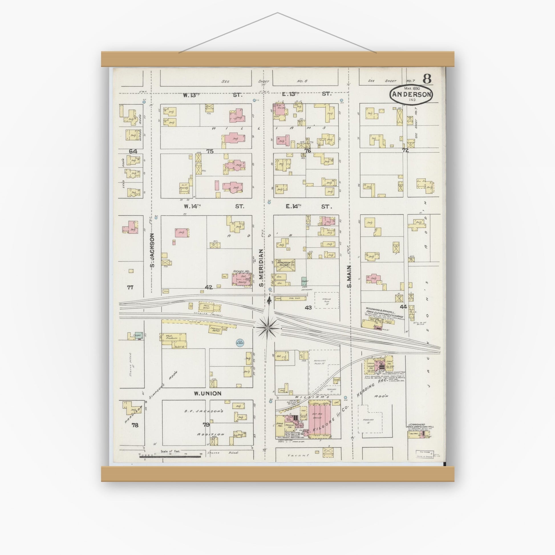 Old map wall art mockup — magnetic wood frame on white wall — Sanborn Fire Insurance Map from Anderson, Madison County, Indiana (1890), Sheet #0008