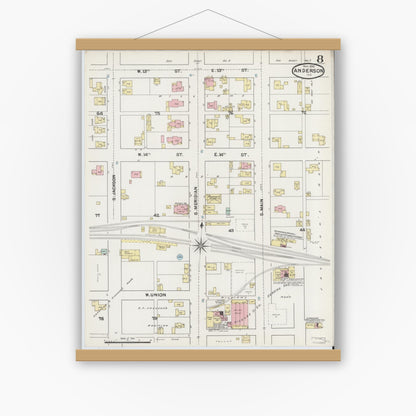Old map wall art mockup — magnetic wood frame on white wall — Sanborn Fire Insurance Map from Anderson, Madison County, Indiana (1890), Sheet #0008