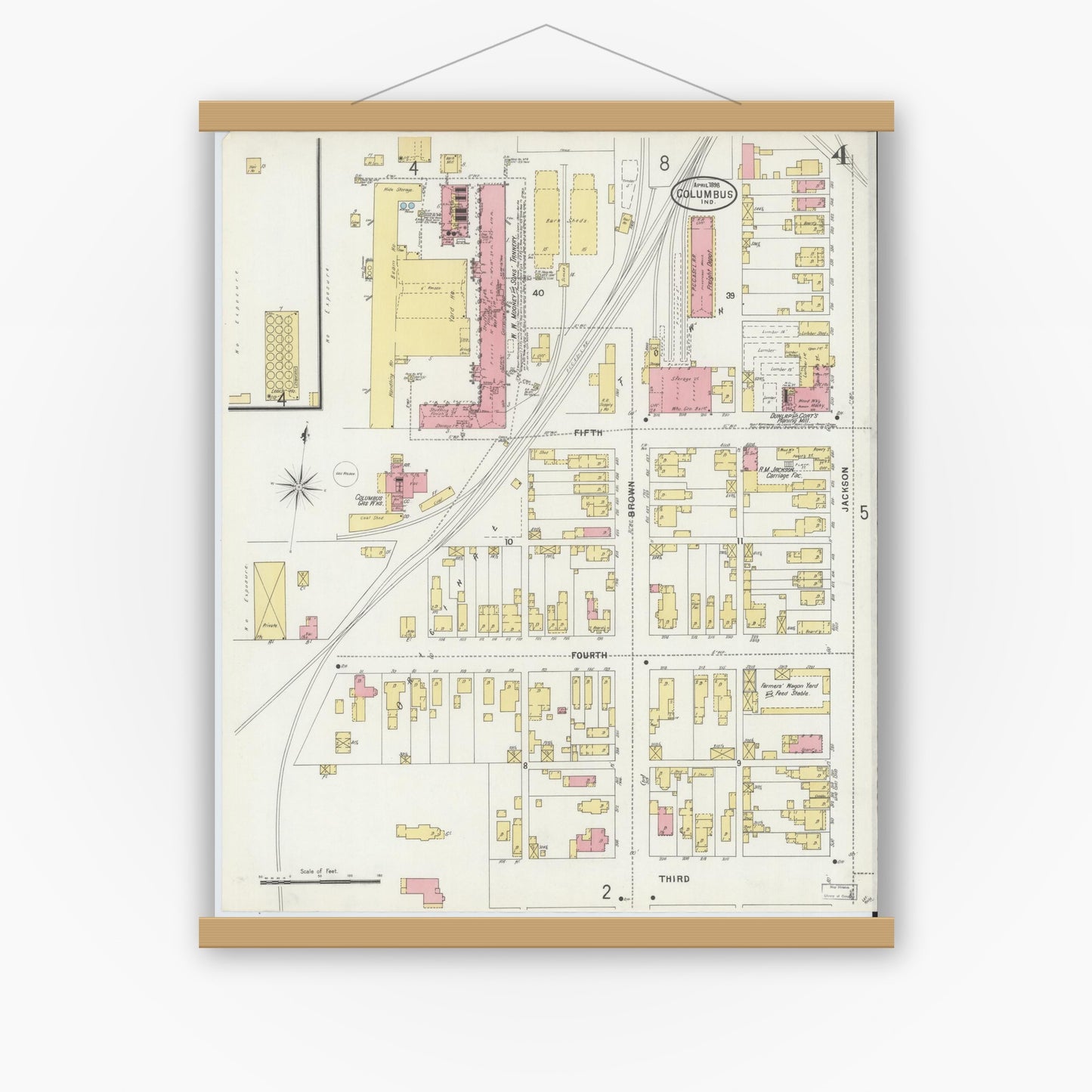 Old map wall art mockup — magnetic wood frame on white wall — Sanborn Fire Insurance Map from Columbus, Bartholomew County, Indiana (1898), Sheet #0004