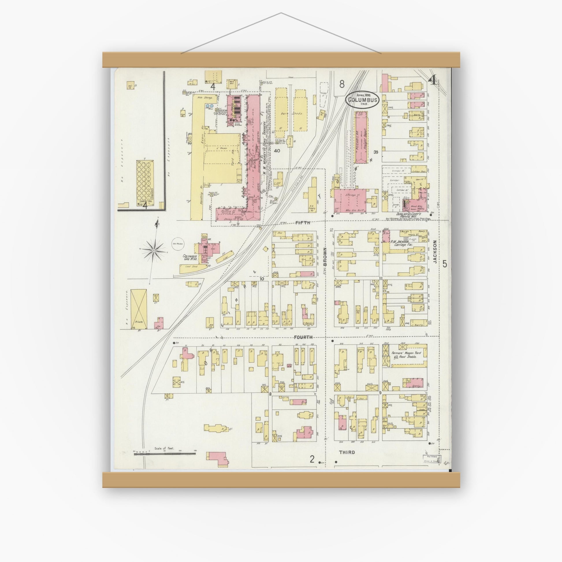 Old map wall art mockup — magnetic wood frame on white wall — Sanborn Fire Insurance Map from Columbus, Bartholomew County, Indiana (1898), Sheet #0004