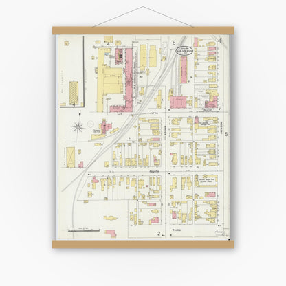 Old map wall art mockup — magnetic wood frame on white wall — Sanborn Fire Insurance Map from Columbus, Bartholomew County, Indiana (1898), Sheet #0004