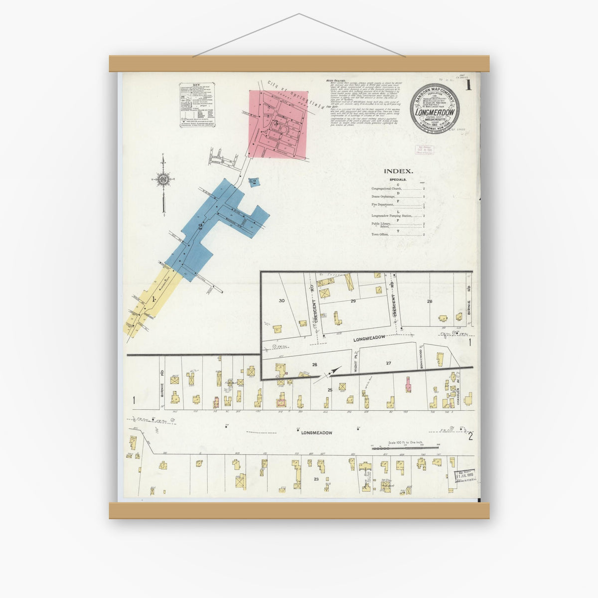 Old map wall art mockup — magnetic wood frame on white wall — Sanborn Fire Insurance Map from Longmeadow, Hampden County, Massachusetts (1911) - Complete Map Set