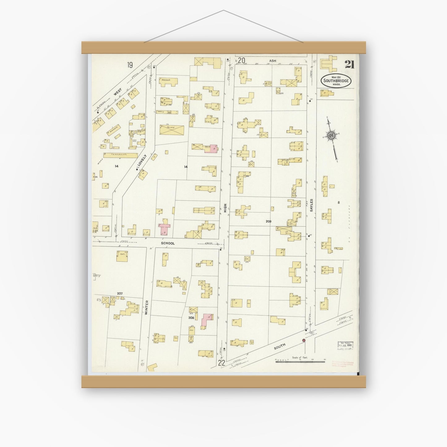 Old map wall art mockup — magnetic wood frame on white wall — Sanborn Fire Insurance Map from Southbridge, Worcester County, Massachusetts (1911), Sheet #0021