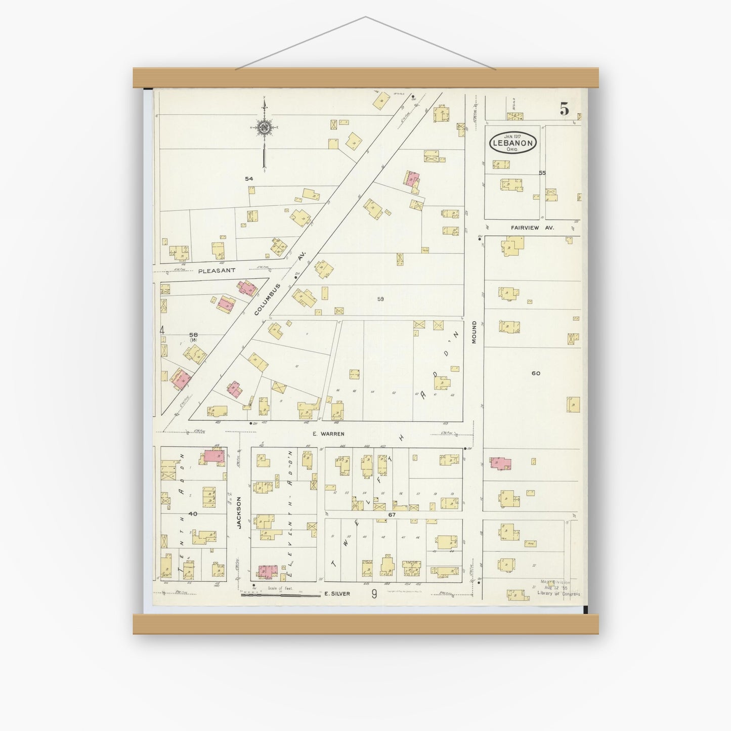 Old map wall art mockup — magnetic wood frame on white wall — Sanborn Fire Insurance Map from Lebanon, Warren County, Ohio (1917), Sheet #0005