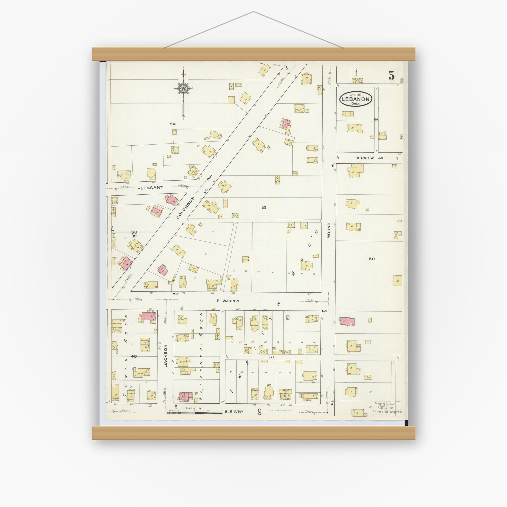 Old map wall art mockup — magnetic wood frame on white wall — Sanborn Fire Insurance Map from Lebanon, Warren County, Ohio (1917), Sheet #0005