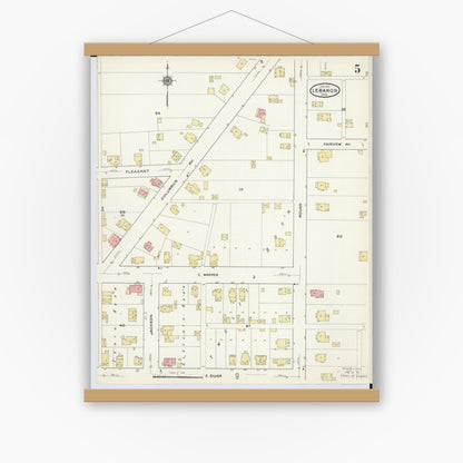 Old map wall art mockup — magnetic wood frame on white wall — Sanborn Fire Insurance Map from Lebanon, Warren County, Ohio (1917), Sheet #0005