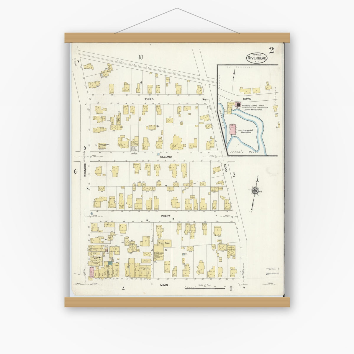 Old map wall art mockup — magnetic wood frame on white wall — Sanborn Fire Insurance Map from Riverhead, Suffolk County, New York (1909), Sheet #0002