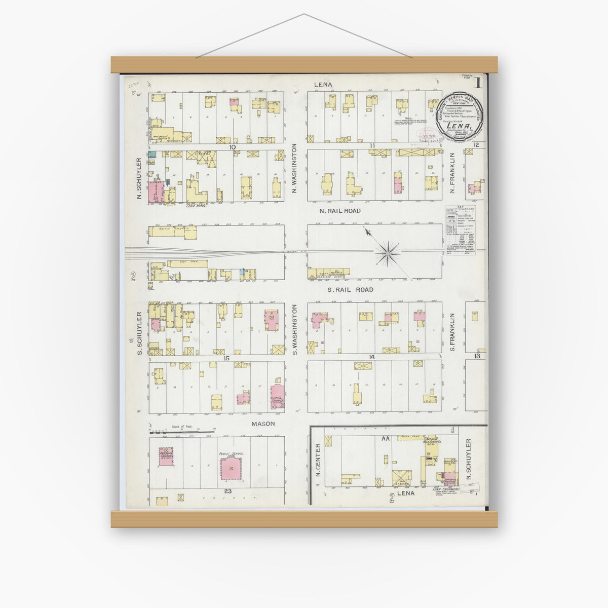 Old map wall art mockup — magnetic wood frame on white wall — Sanborn Fire Insurance Map from Lena, Stephenson County, Illinois (1893) - Complete Map Set