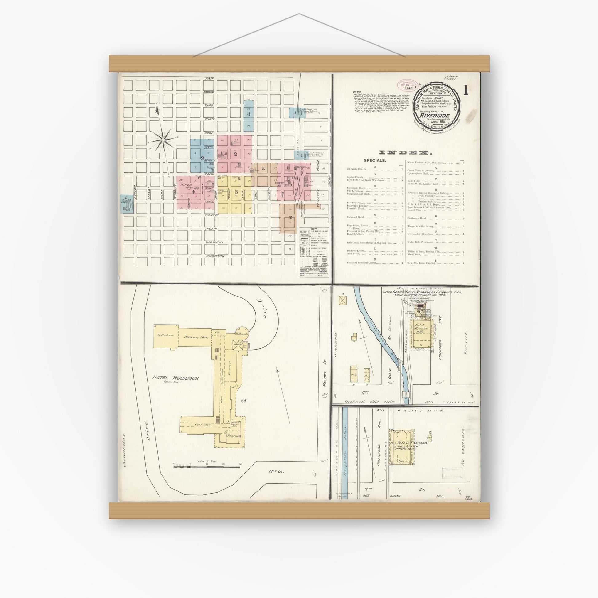 Old map wall art mockup — magnetic wood frame on white wall — Sanborn Fire Insurance Map from Riverside, Riverside County, California (1888) - Complete Map Set
