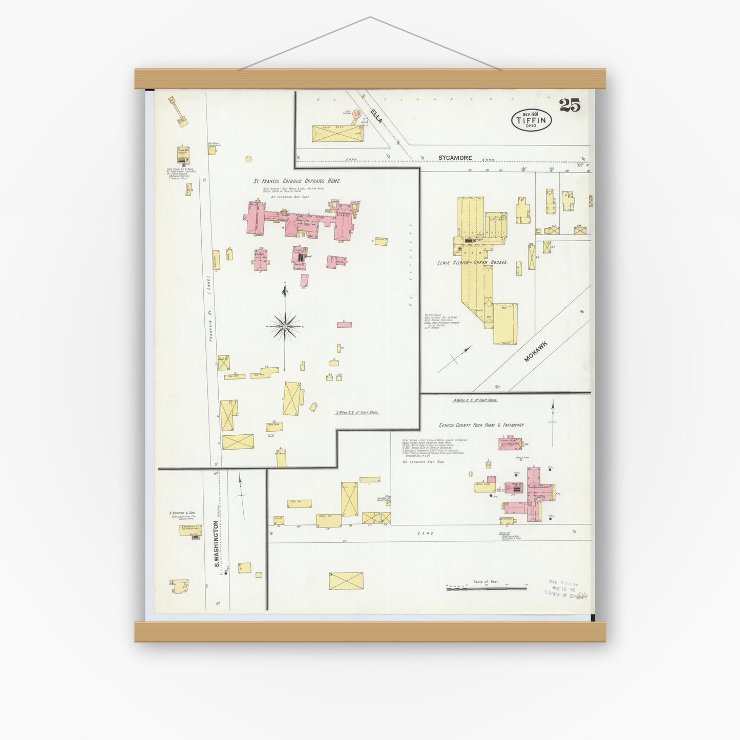 Old map wall art mockup — magnetic wood frame on white wall — Sanborn Fire Insurance Map from Tiffin, Seneca County, Ohio (1901), Sheet #0025