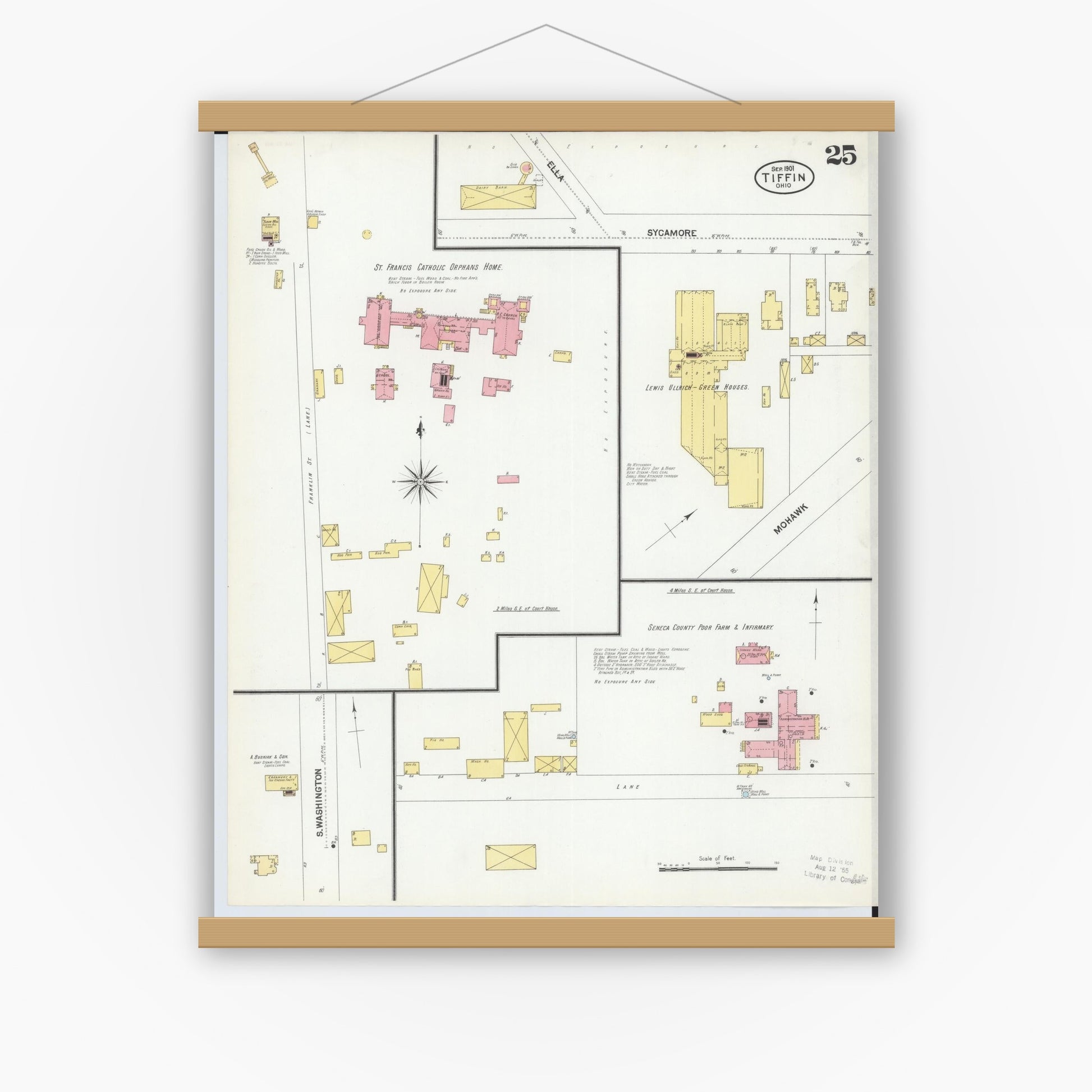 Old map wall art mockup — magnetic wood frame on white wall — Sanborn Fire Insurance Map from Tiffin, Seneca County, Ohio (1901), Sheet #0025