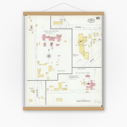 Old map wall art mockup — magnetic wood frame on white wall — Sanborn Fire Insurance Map from Tiffin, Seneca County, Ohio (1901), Sheet #0025