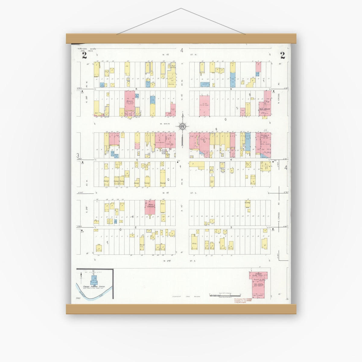 Old map wall art mockup — magnetic wood frame on white wall — Sanborn Fire Insurance Map from Crosby, Crow Wing County, Minnesota (1935), Sheet #0002