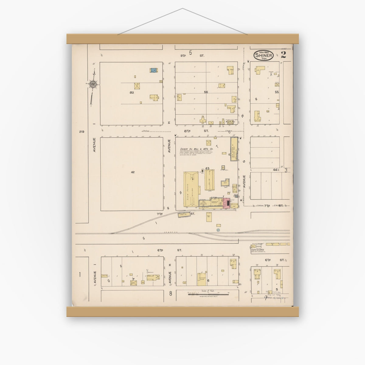 Old map wall art mockup — magnetic wood frame on white wall — Sanborn Fire Insurance Map from Shiner, Lavaca County, Texas (1922), Sheet #0002