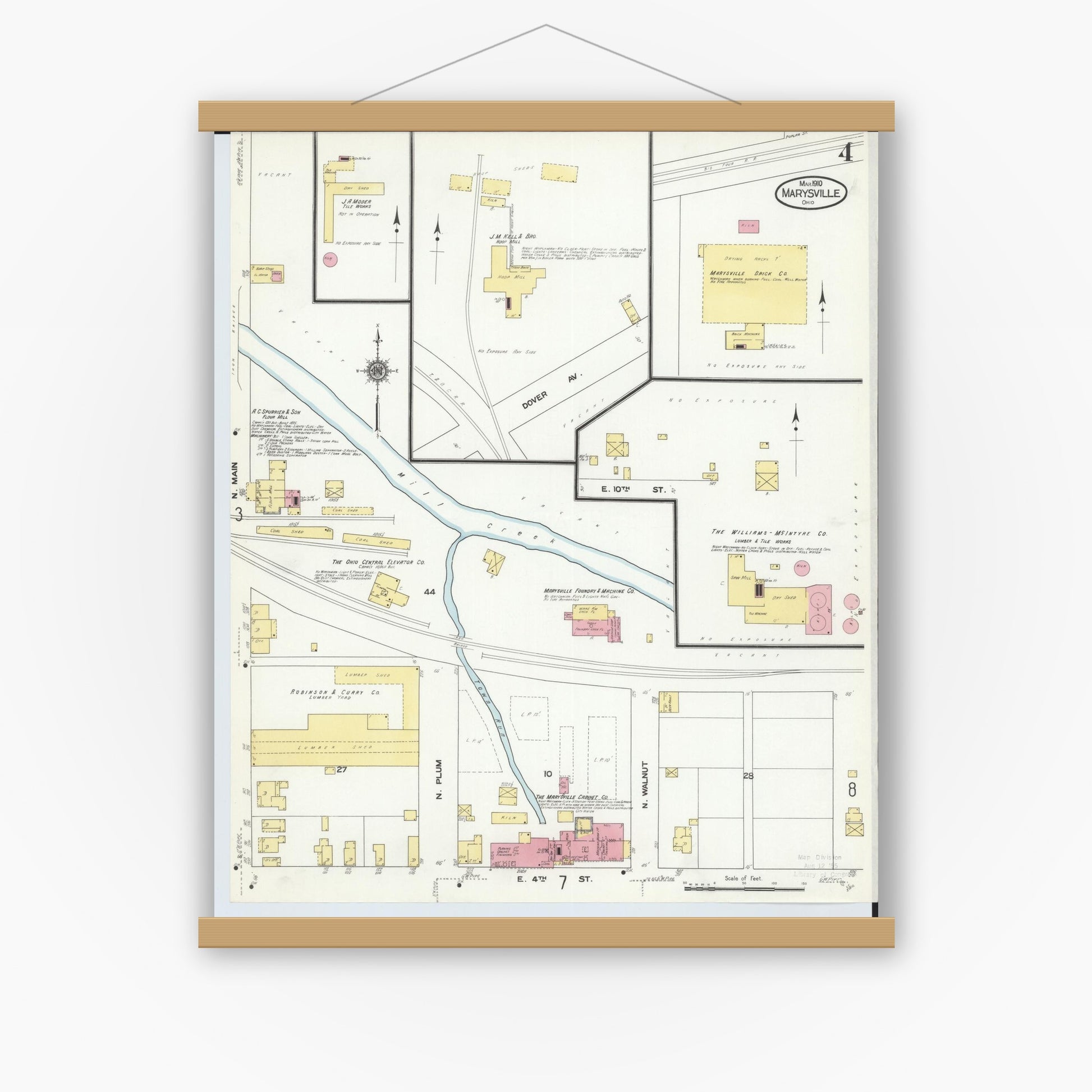 Old map wall art mockup — magnetic wood frame on white wall — Sanborn Fire Insurance Map from Marysville, Union County, Ohio (1910), Sheet #0004