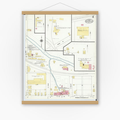 Old map wall art mockup — magnetic wood frame on white wall — Sanborn Fire Insurance Map from Marysville, Union County, Ohio (1910), Sheet #0004