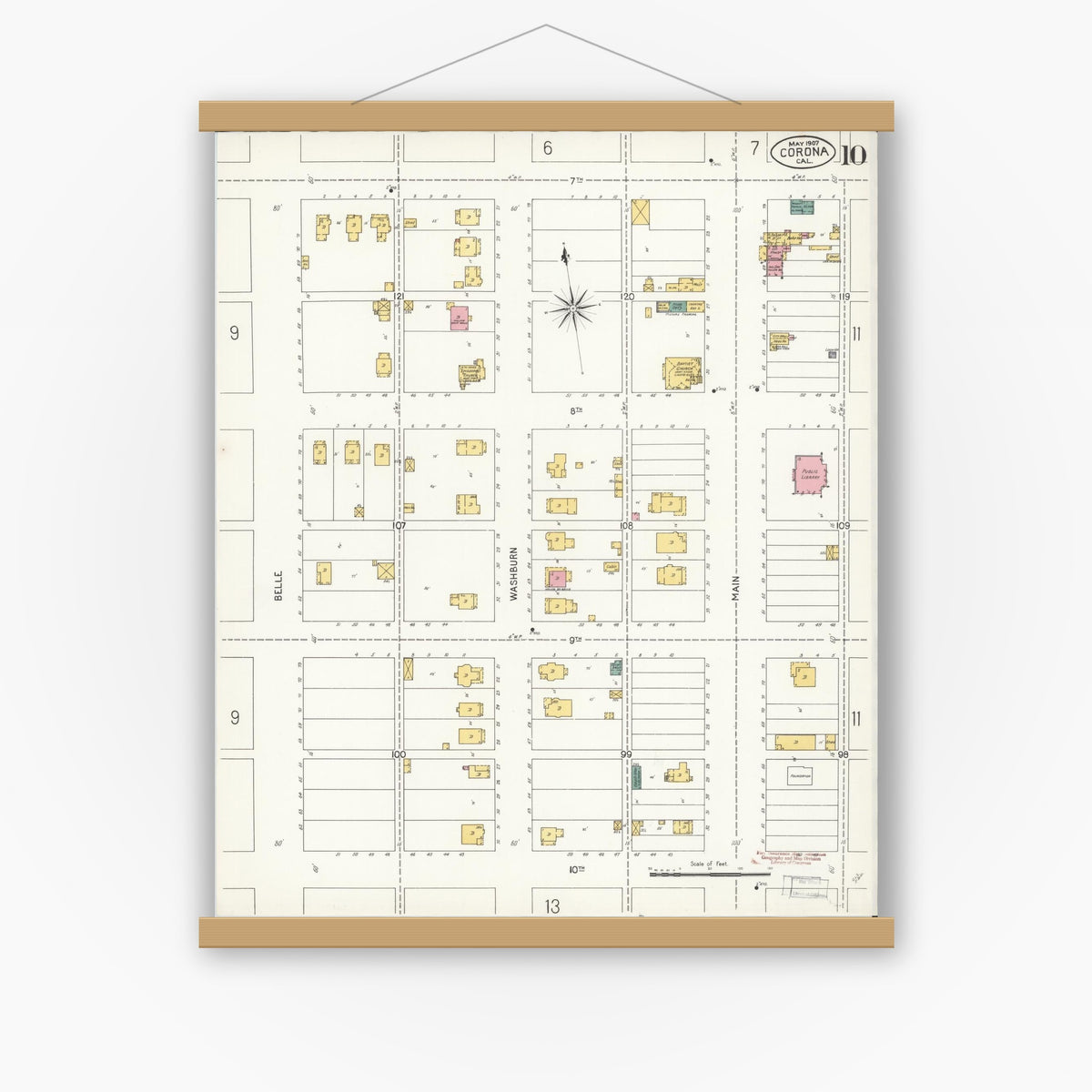 Old map wall art mockup — magnetic wood frame on white wall — Sanborn Fire Insurance Map from Corona, Riverside County, California (1907), Sheet #0010