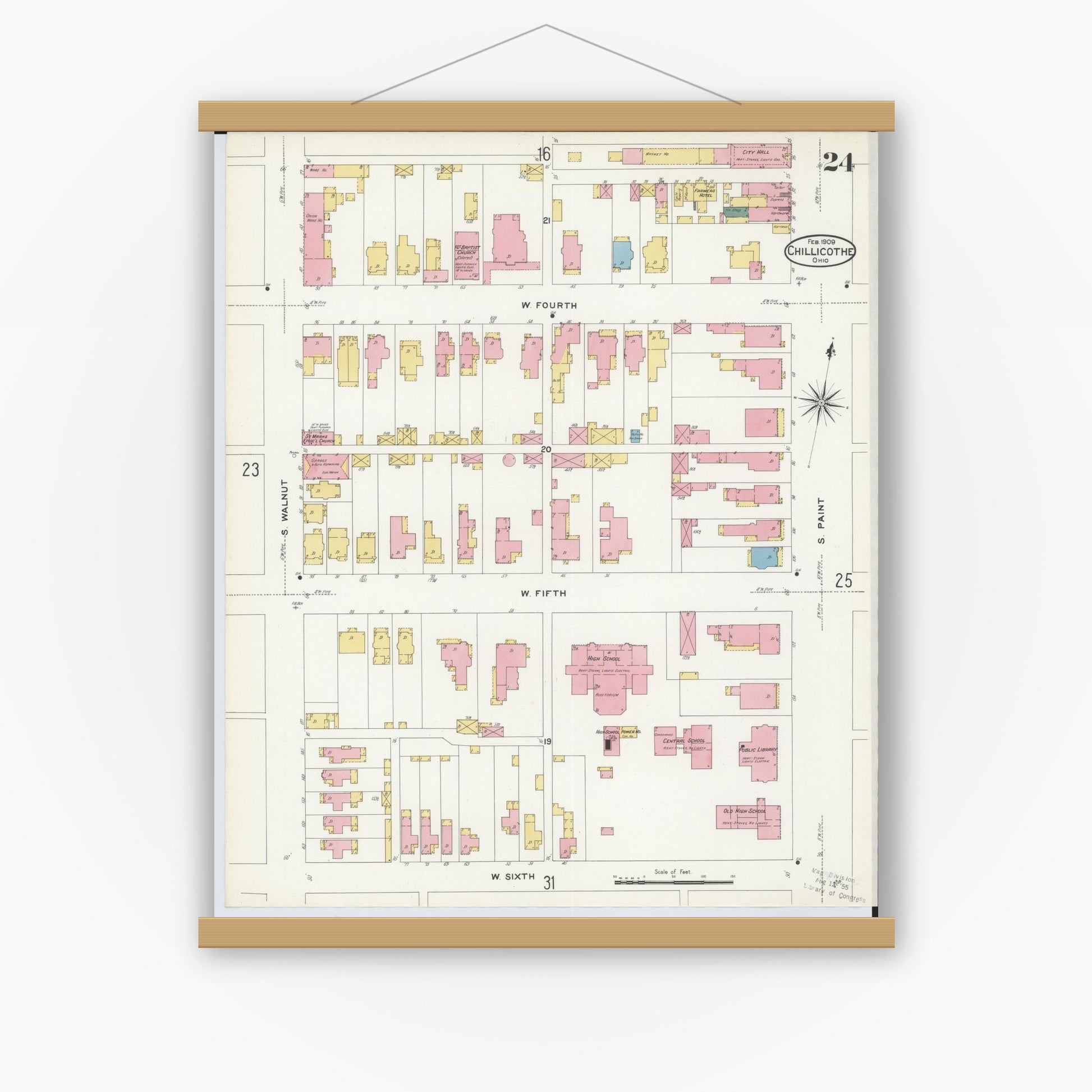 Old map wall art mockup — magnetic wood frame on white wall — Sanborn Fire Insurance Map from Chillicothe, Ross County, Ohio (1909), Sheet #0024