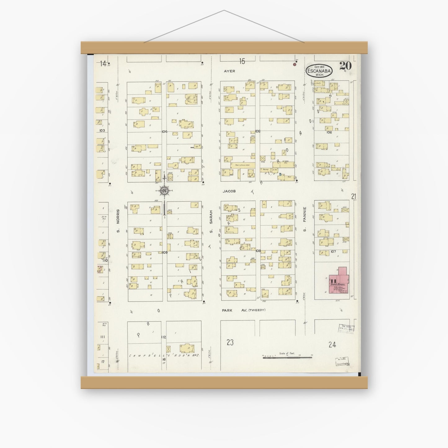 Old map wall art mockup — magnetic wood frame on white wall — Sanborn Fire Insurance Map from Escanaba, Delta County, Michigan (1913), Sheet #0020