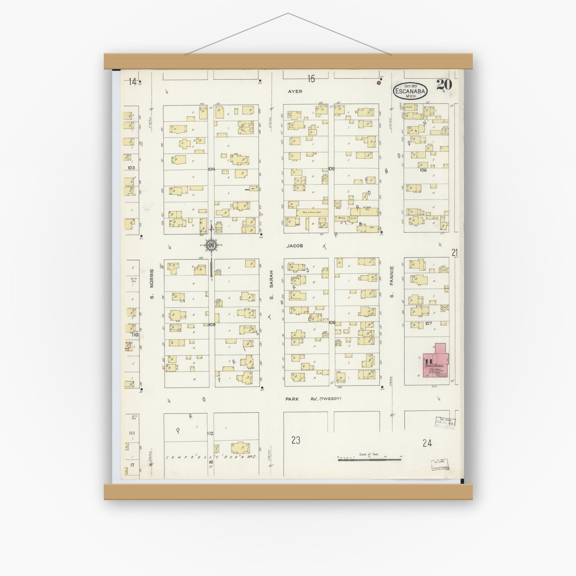 Old map wall art mockup — magnetic wood frame on white wall — Sanborn Fire Insurance Map from Escanaba, Delta County, Michigan (1913), Sheet #0020