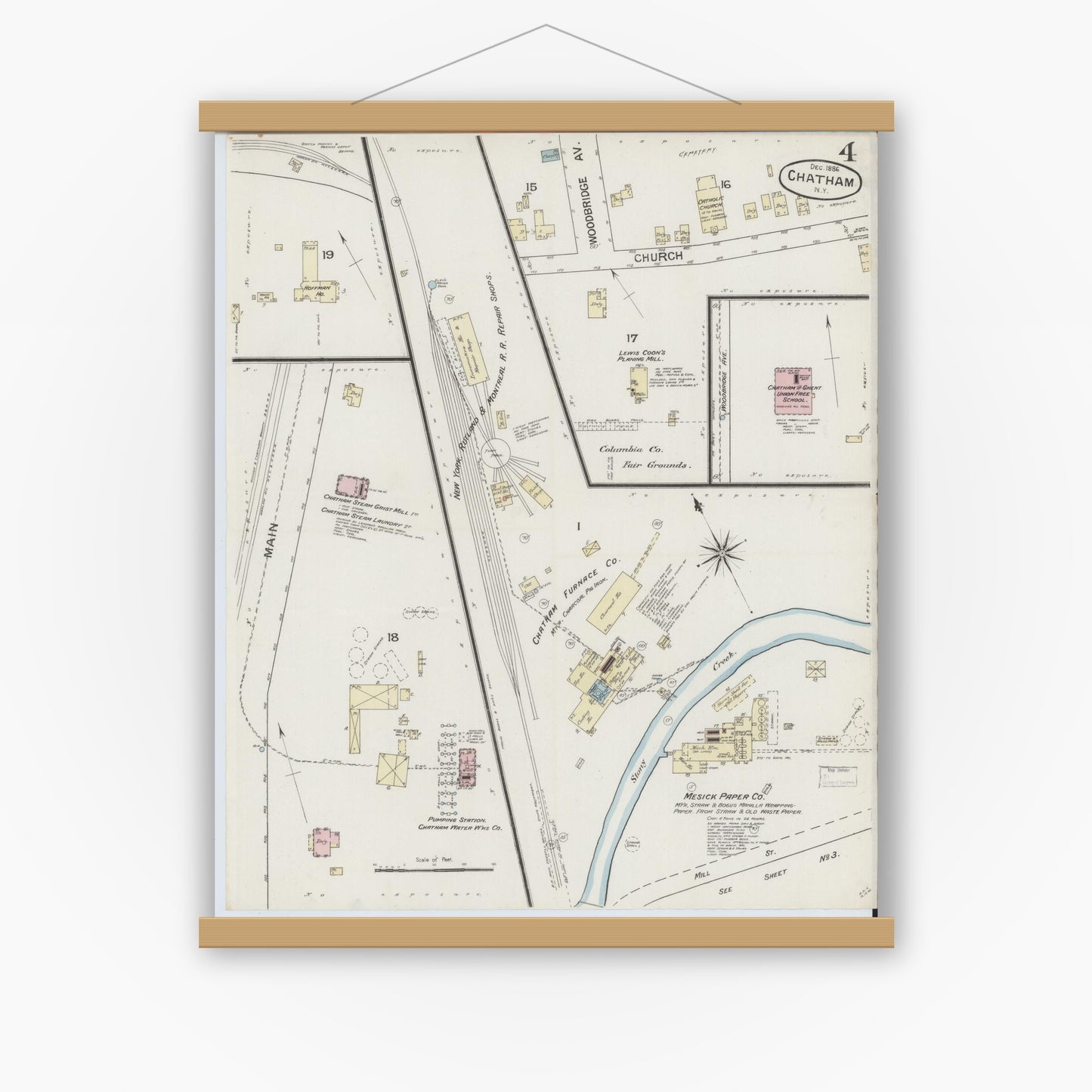 Old map wall art mockup — magnetic wood frame on white wall — Sanborn Fire Insurance Map from Chatham, Columbia County, New York (1886), Sheet #0004