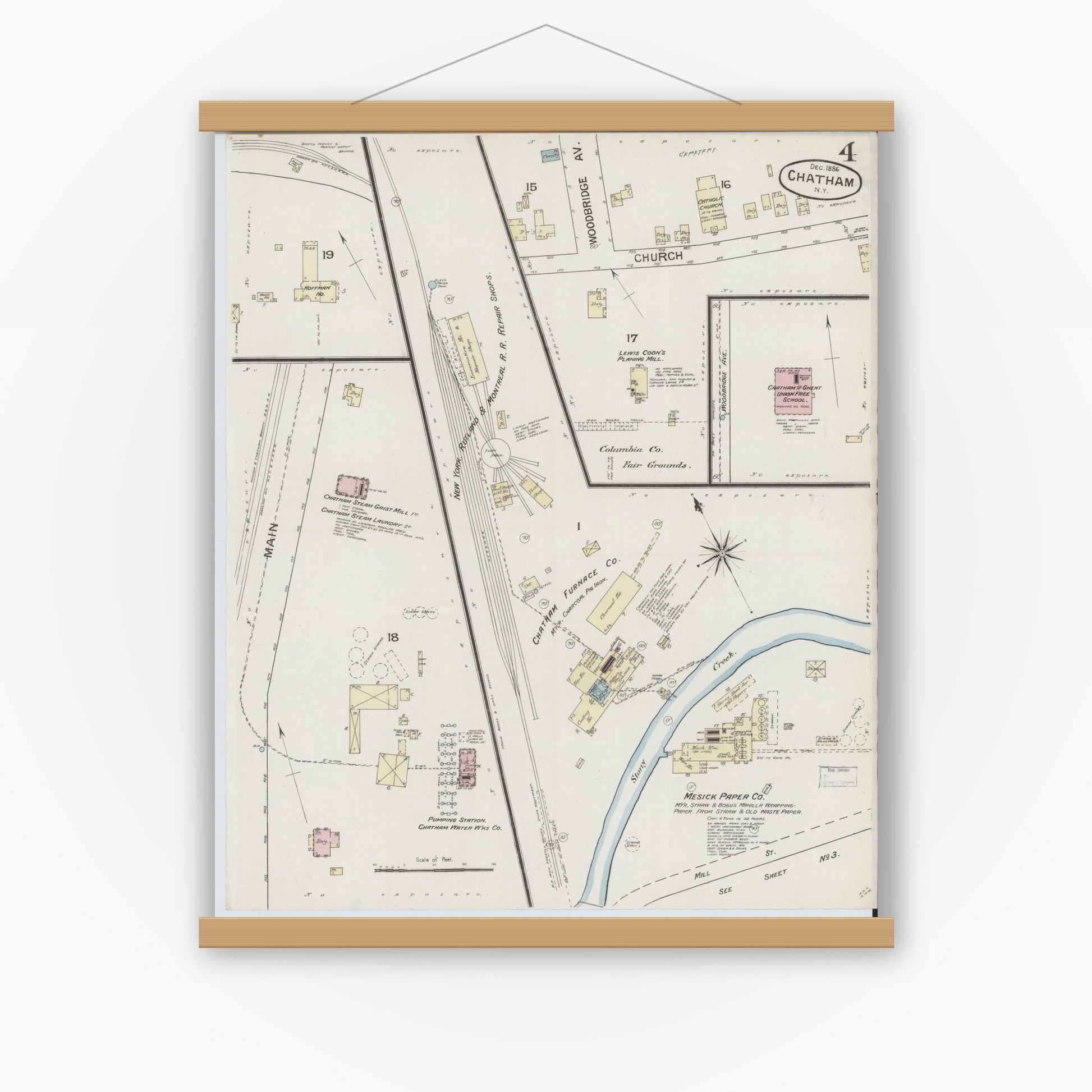 Old map wall art mockup — magnetic wood frame on white wall — Sanborn Fire Insurance Map from Chatham, Columbia County, New York (1886), Sheet #0004