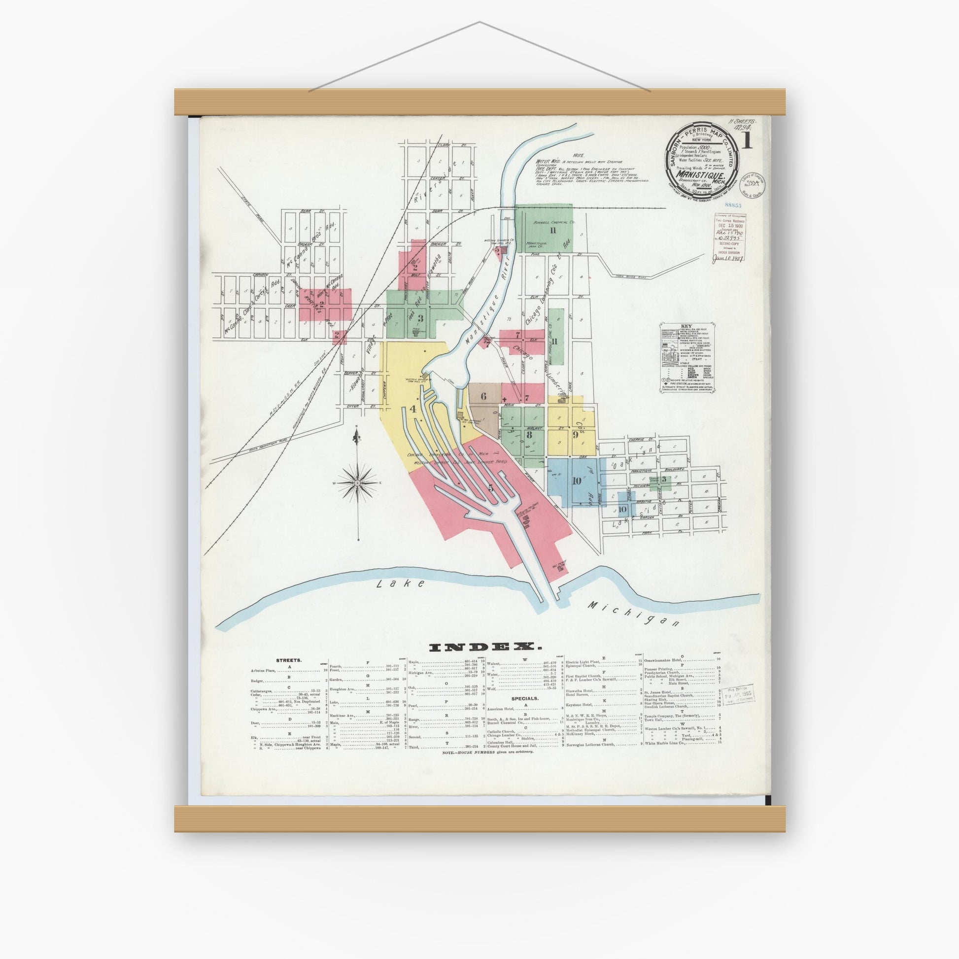 Old map wall art mockup — magnetic wood frame on white wall — Sanborn Fire Insurance Map from Manistique, Schoolcraft County, Michigan (1900), Sheet #0001
