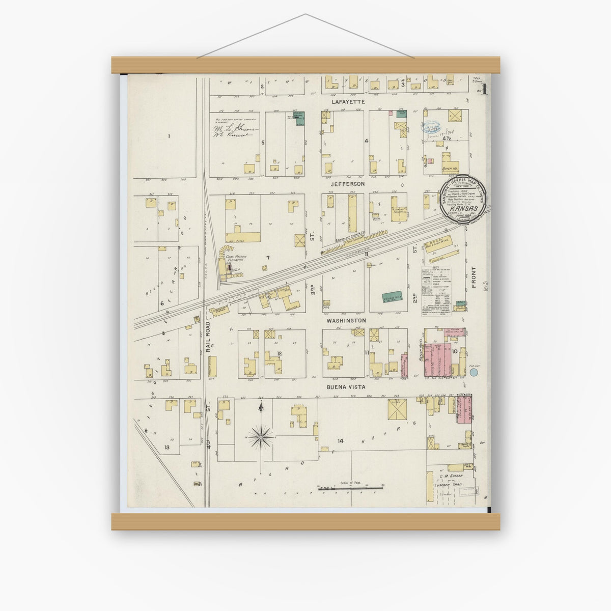 Old map wall art mockup — magnetic wood frame on white wall — Sanborn Fire Insurance Map from Kansas, Edgar County, Illinois (1894), Sheet #0001