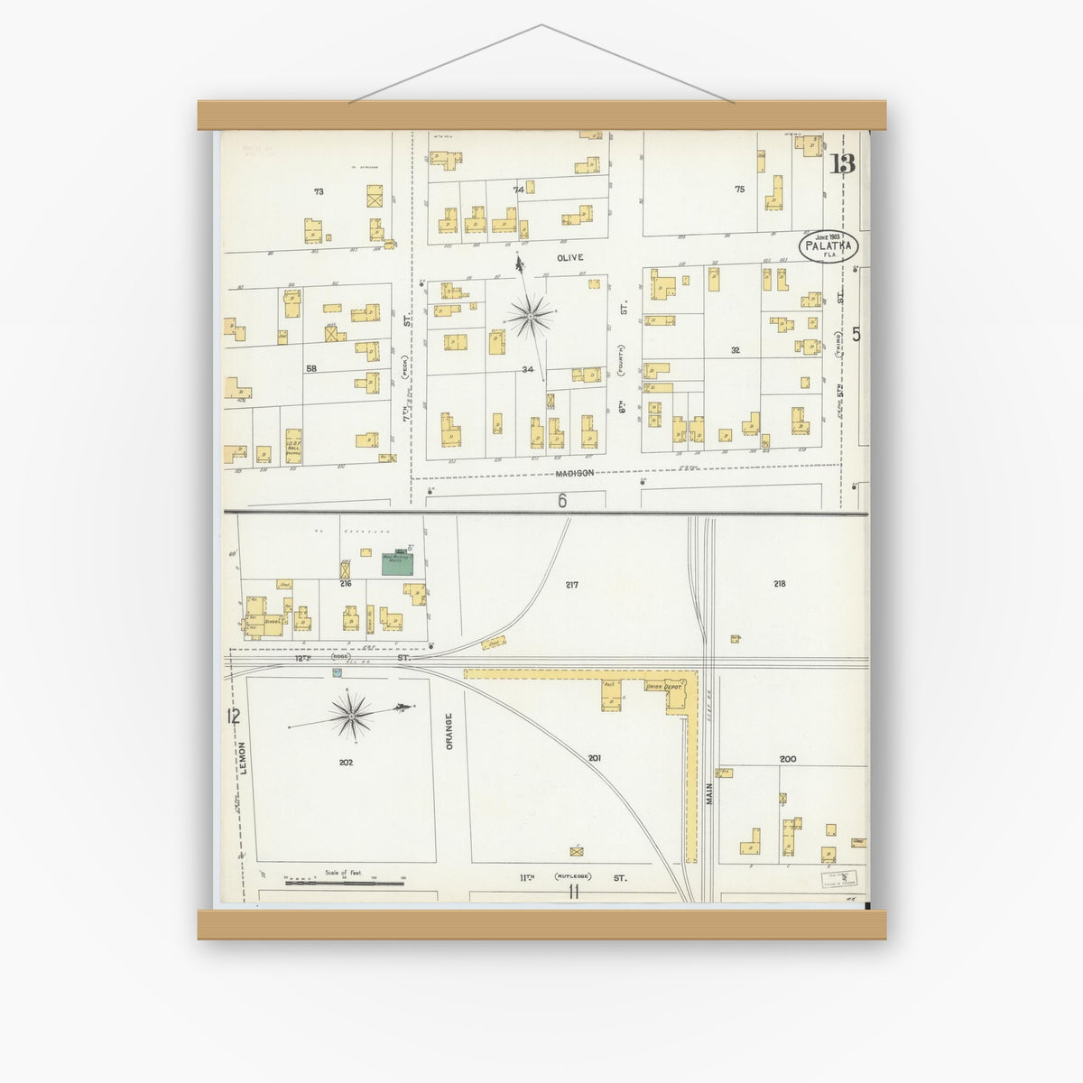 Old map wall art mockup — magnetic wood frame on white wall — Sanborn Fire Insurance Map from Palatka, Putnam County, Florida (1903), Sheet #0013