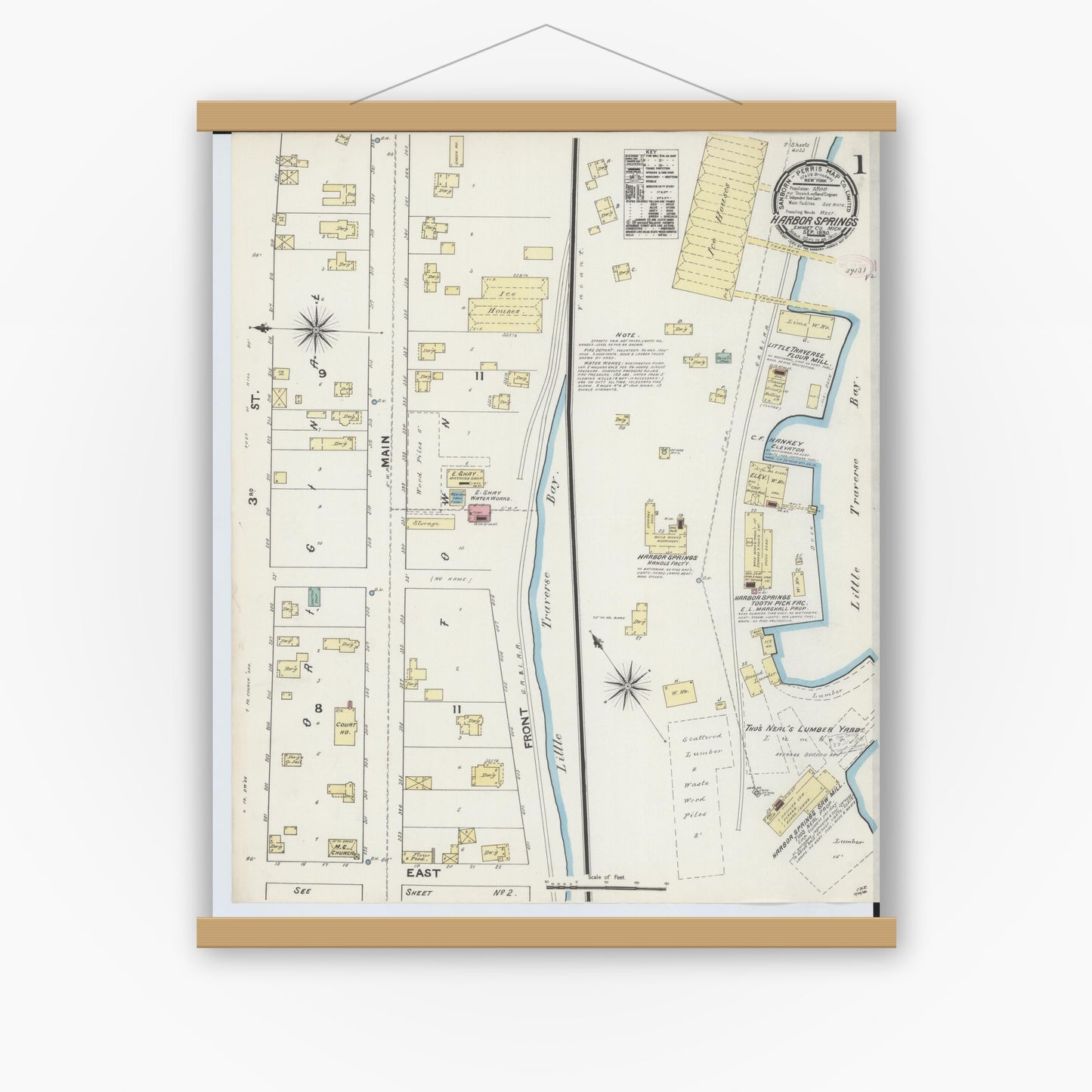 Old map wall art mockup — magnetic wood frame on white wall — Sanborn Fire Insurance Map from Harbor Springs, Emmet County, Michigan (1890) - Complete Map Set