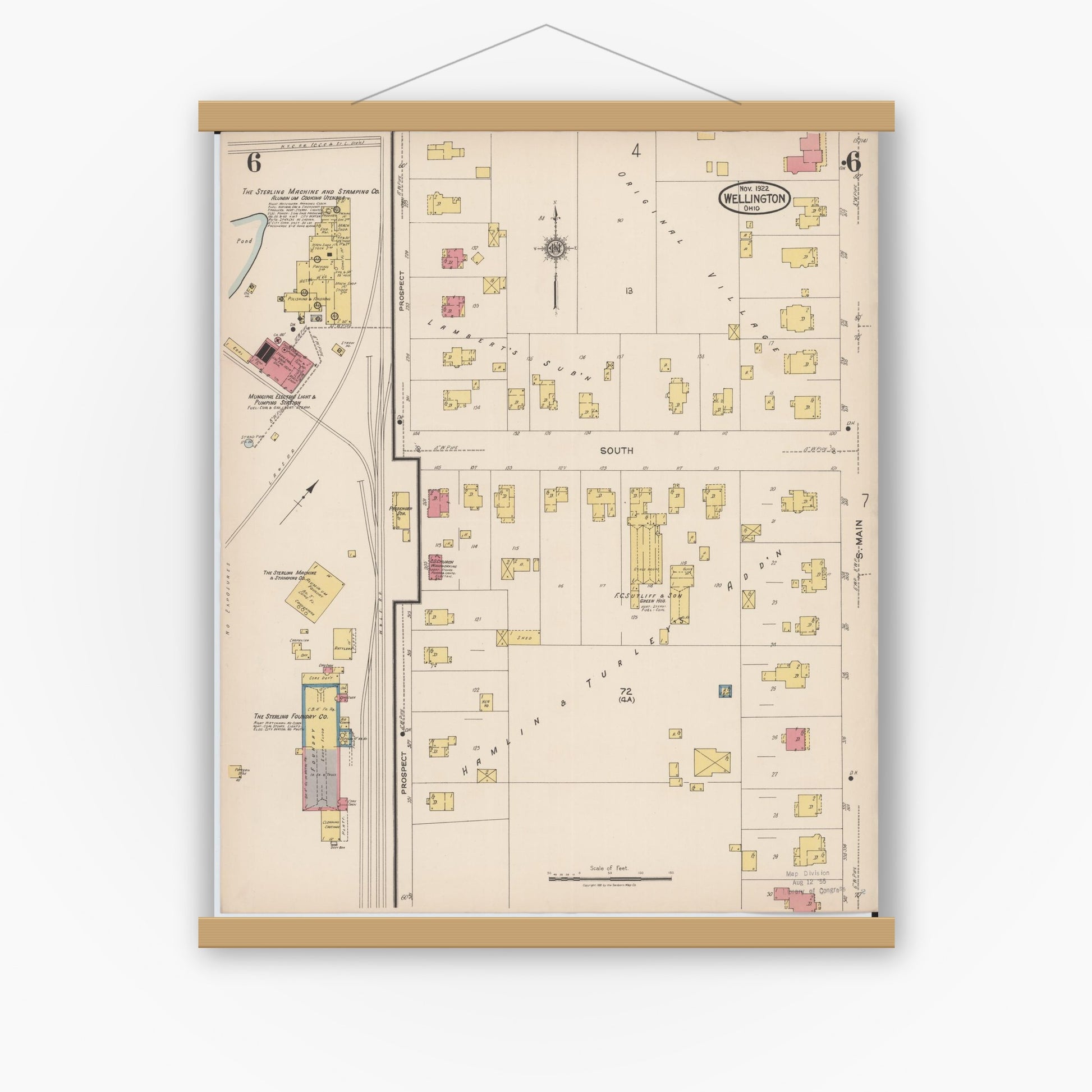 Old map wall art mockup — magnetic wood frame on white wall — Sanborn Fire Insurance Map from Wellington, Lorain County, Ohio (1922), Sheet #0006