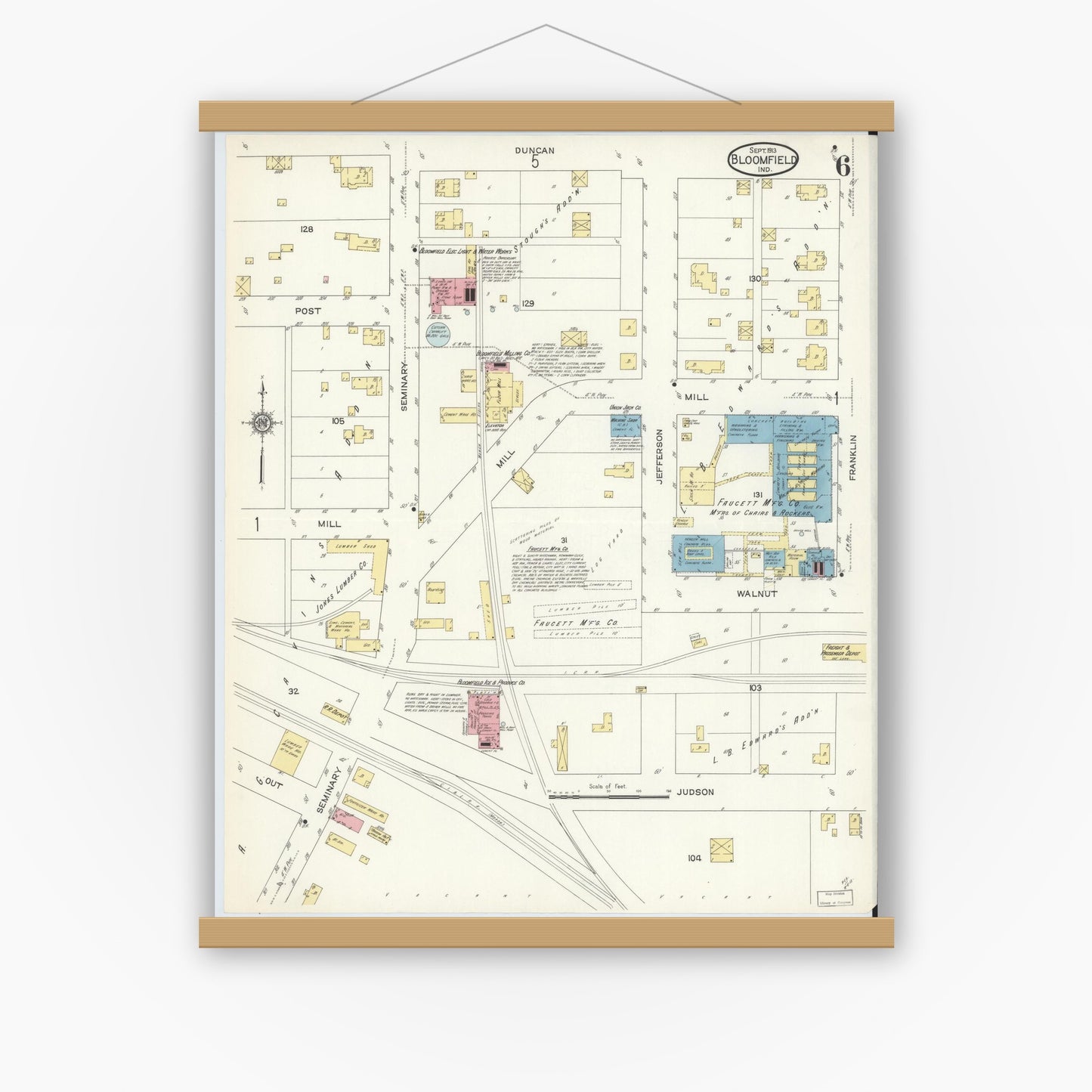Old map wall art mockup — magnetic wood frame on white wall — Sanborn Fire Insurance Map from Bloomfield, Greene County, Indiana (1913), Sheet #0006