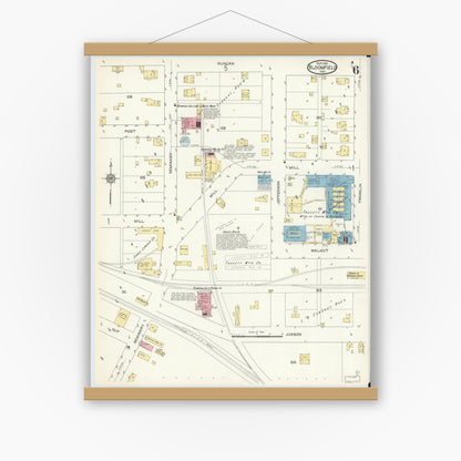 Old map wall art mockup — magnetic wood frame on white wall — Sanborn Fire Insurance Map from Bloomfield, Greene County, Indiana (1913), Sheet #0006