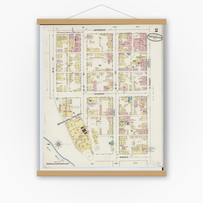 Old map wall art mockup — magnetic wood frame on white wall — Sanborn Fire Insurance Map from Portsmouth, Scioto County, Ohio (1887), Sheet #0002