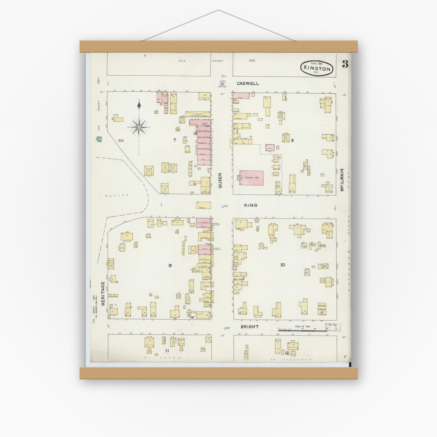 Old map wall art mockup — magnetic wood frame on white wall — Sanborn Fire Insurance Map from Kinston, Lenoir County, North Carolina (1891), Sheet #0003
