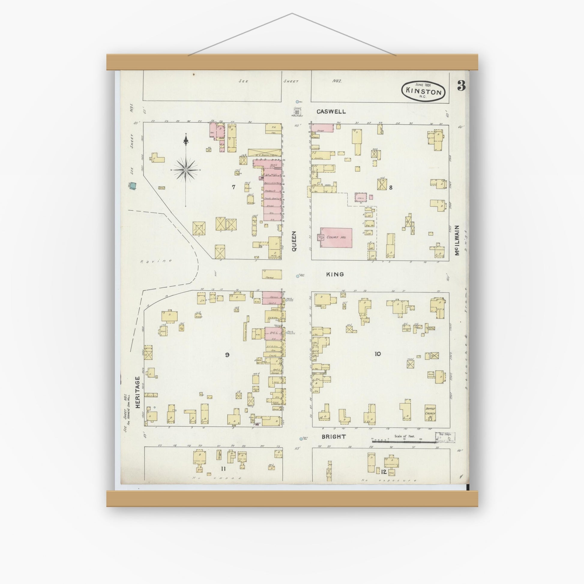 Old map wall art mockup — magnetic wood frame on white wall — Sanborn Fire Insurance Map from Kinston, Lenoir County, North Carolina (1891), Sheet #0003