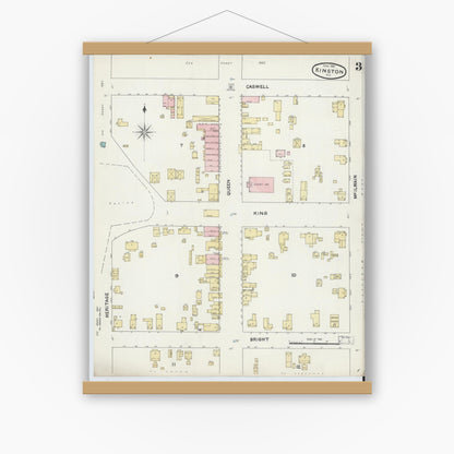 Old map wall art mockup — magnetic wood frame on white wall — Sanborn Fire Insurance Map from Kinston, Lenoir County, North Carolina (1891), Sheet #0003