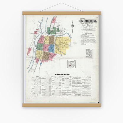 Old map wall art mockup — magnetic wood frame on white wall — Sanborn Fire Insurance Map from Miamisburg, Montgomery County, Ohio (1919), Sheet #0001