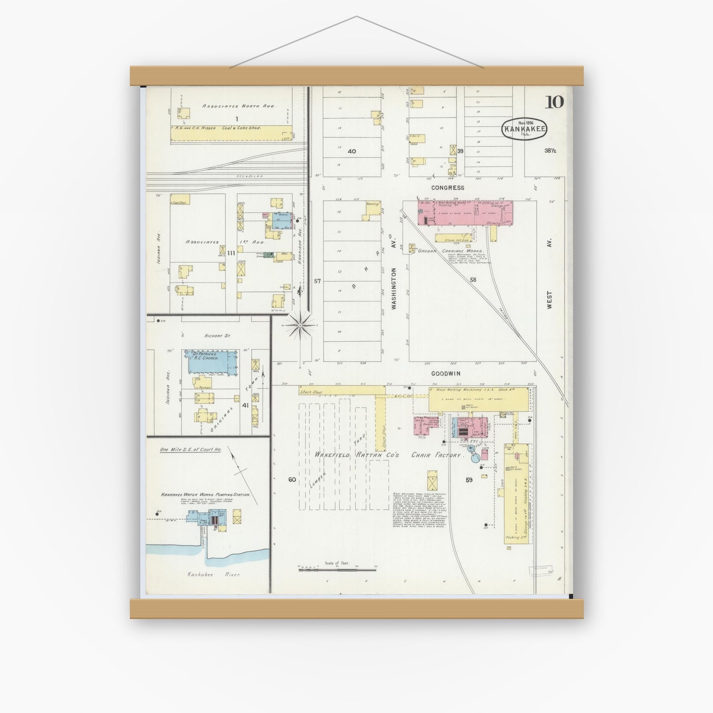 Old map wall art mockup — magnetic wood frame on white wall — Sanborn Fire Insurance Map from Kankakee, Kankakee County, Illinois (1896), Sheet #0010