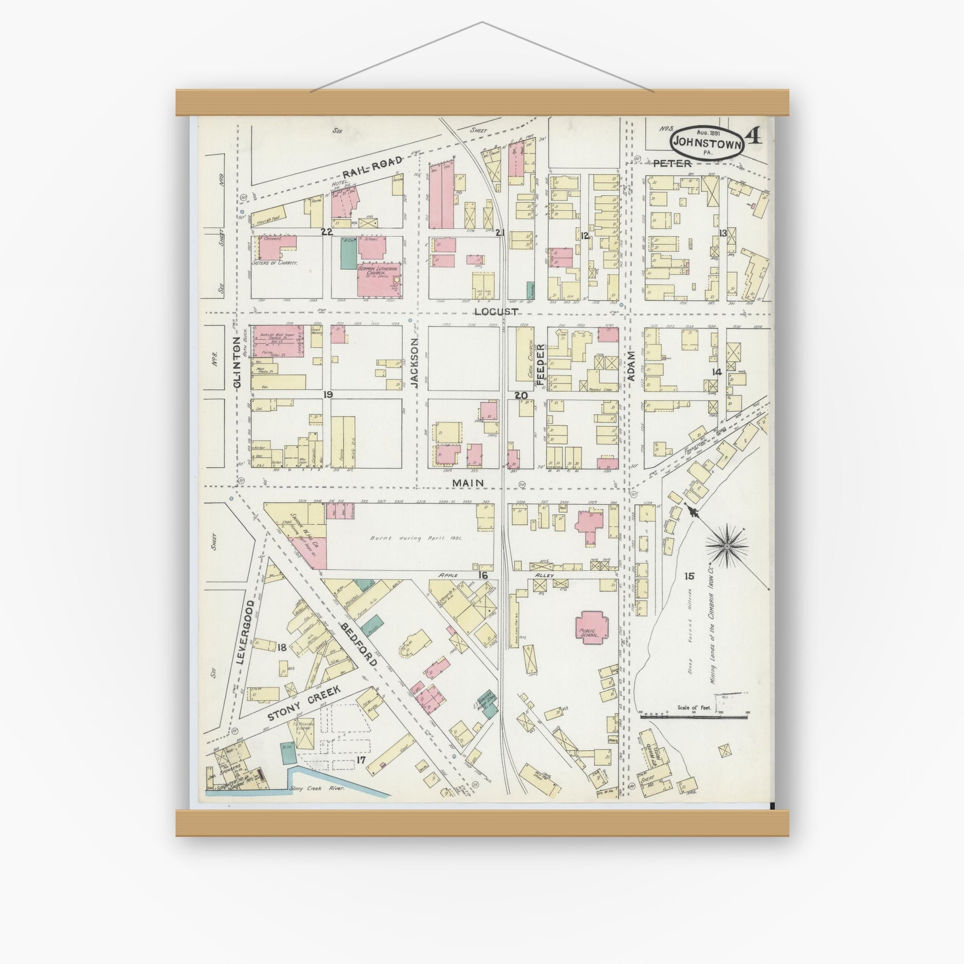 Old map wall art mockup — magnetic wood frame on white wall — Sanborn Fire Insurance Map from Johnstown, Cambria County, Pennsylvania (1891), Sheet #0004