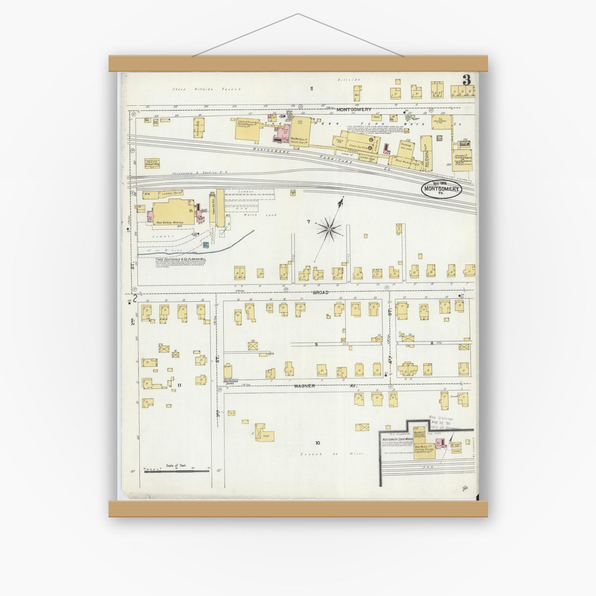 Old map wall art mockup — magnetic wood frame on white wall — Sanborn Fire Insurance Map from Montgomery, Lycoming County, Pennsylvania (1906), Sheet #0003