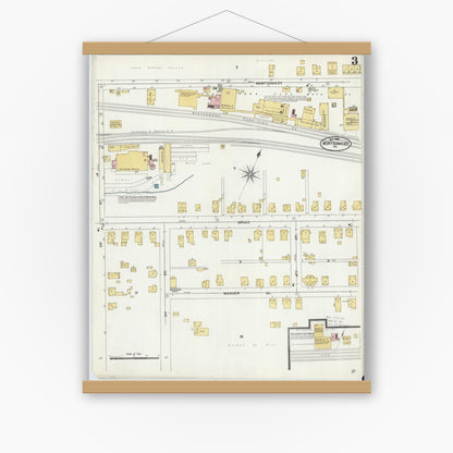 Old map wall art mockup — magnetic wood frame on white wall — Sanborn Fire Insurance Map from Montgomery, Lycoming County, Pennsylvania (1906), Sheet #0003
