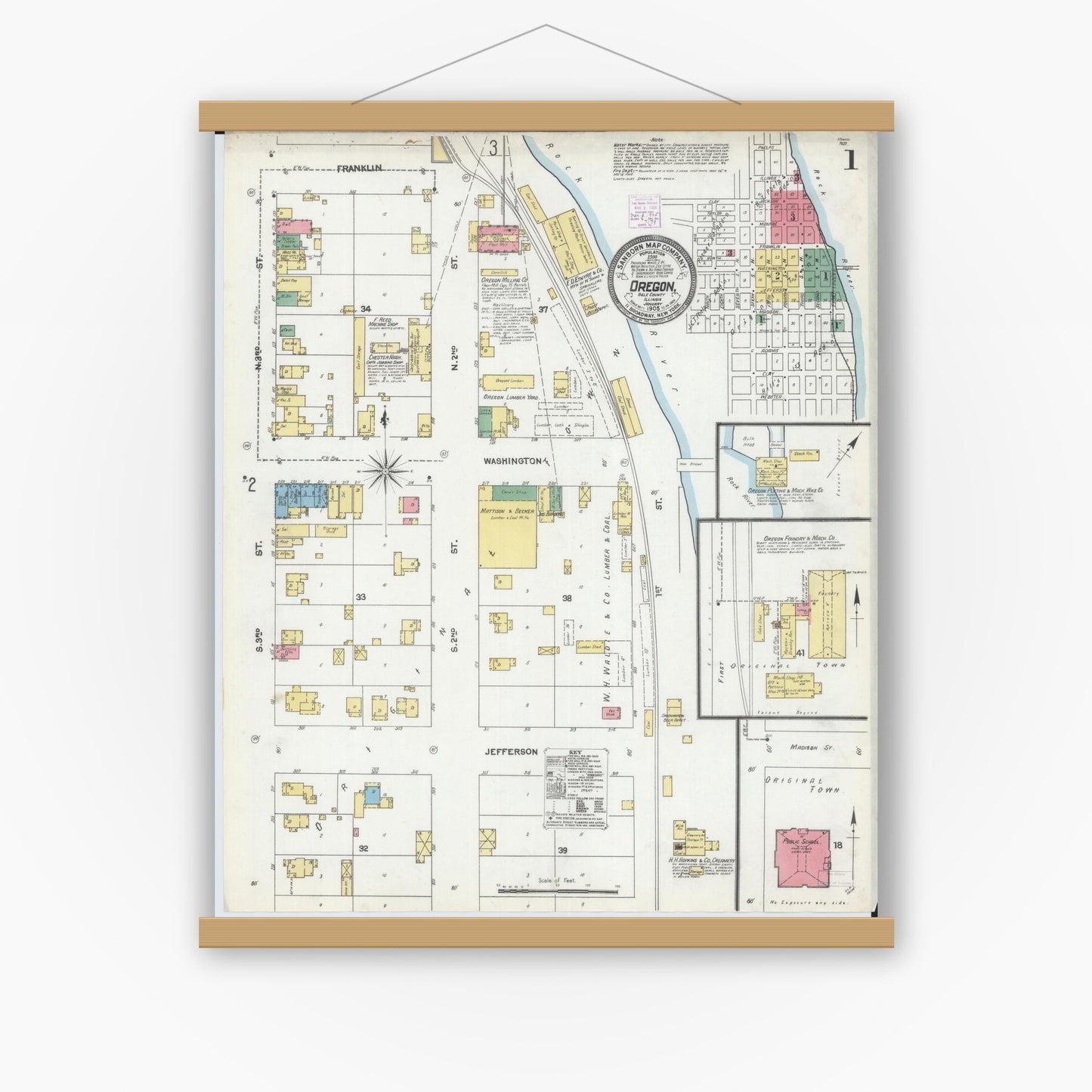 Old map wall art mockup — magnetic wood frame on white wall — Sanborn Fire Insurance Map from Oregon, Ogle County, Illinois (1905), Sheet #0001