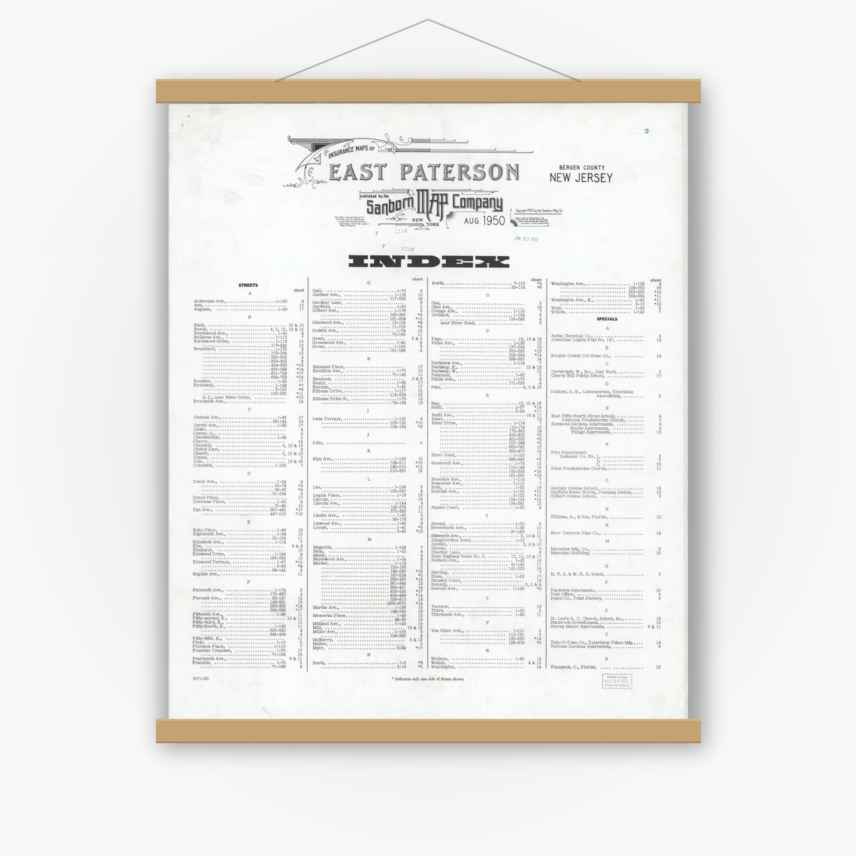 Old map wall art mockup — magnetic wood frame on white wall — Sanborn Fire Insurance Map from East Paterson, Bergen County, New Jersey (1950), Sheet #0001