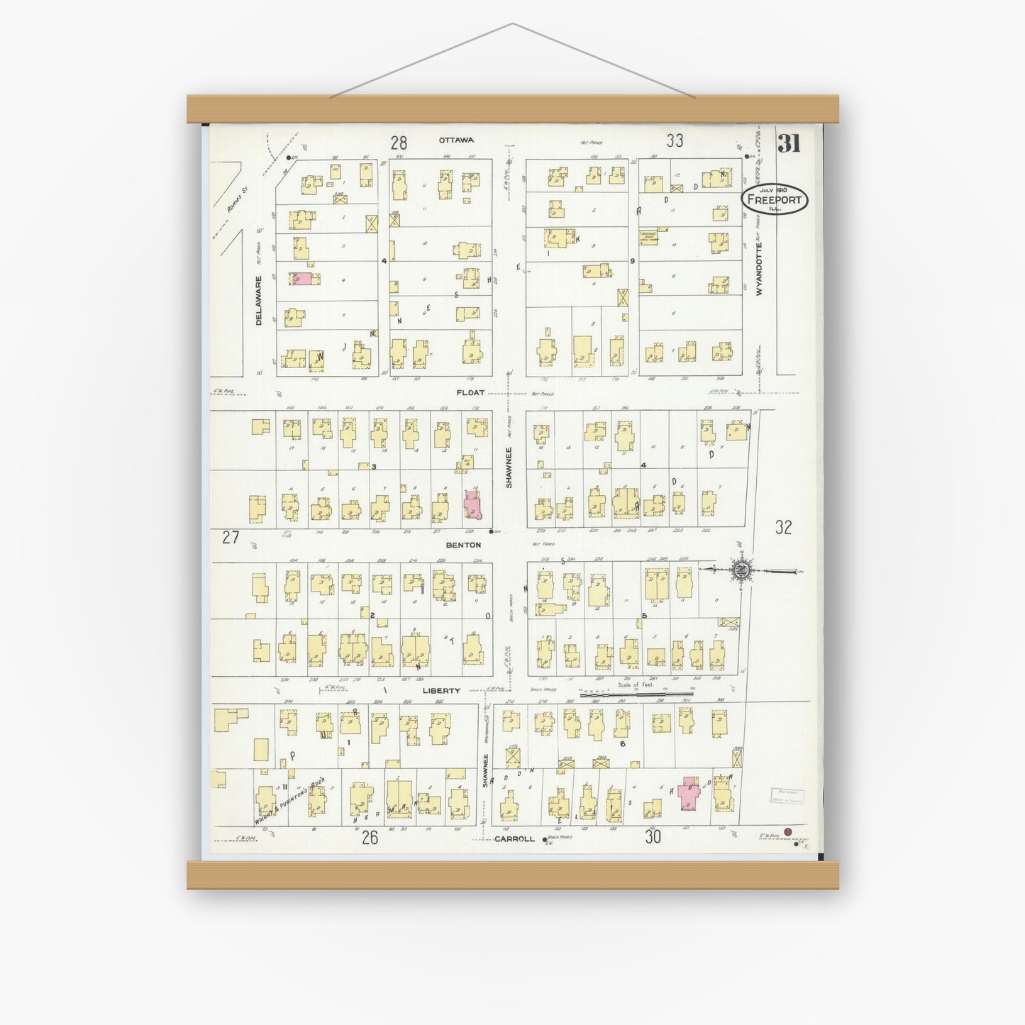 Old map wall art mockup — magnetic wood frame on white wall — Sanborn Fire Insurance Map from Freeport, Stephenson County, Illinois (1910), Sheet #0031